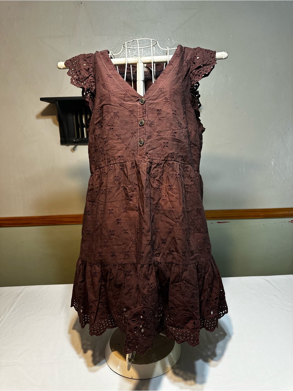 LOFT Brown Eyelet V-Neck Button-Front Dress